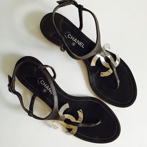 Chanel Logo Leather Sandals