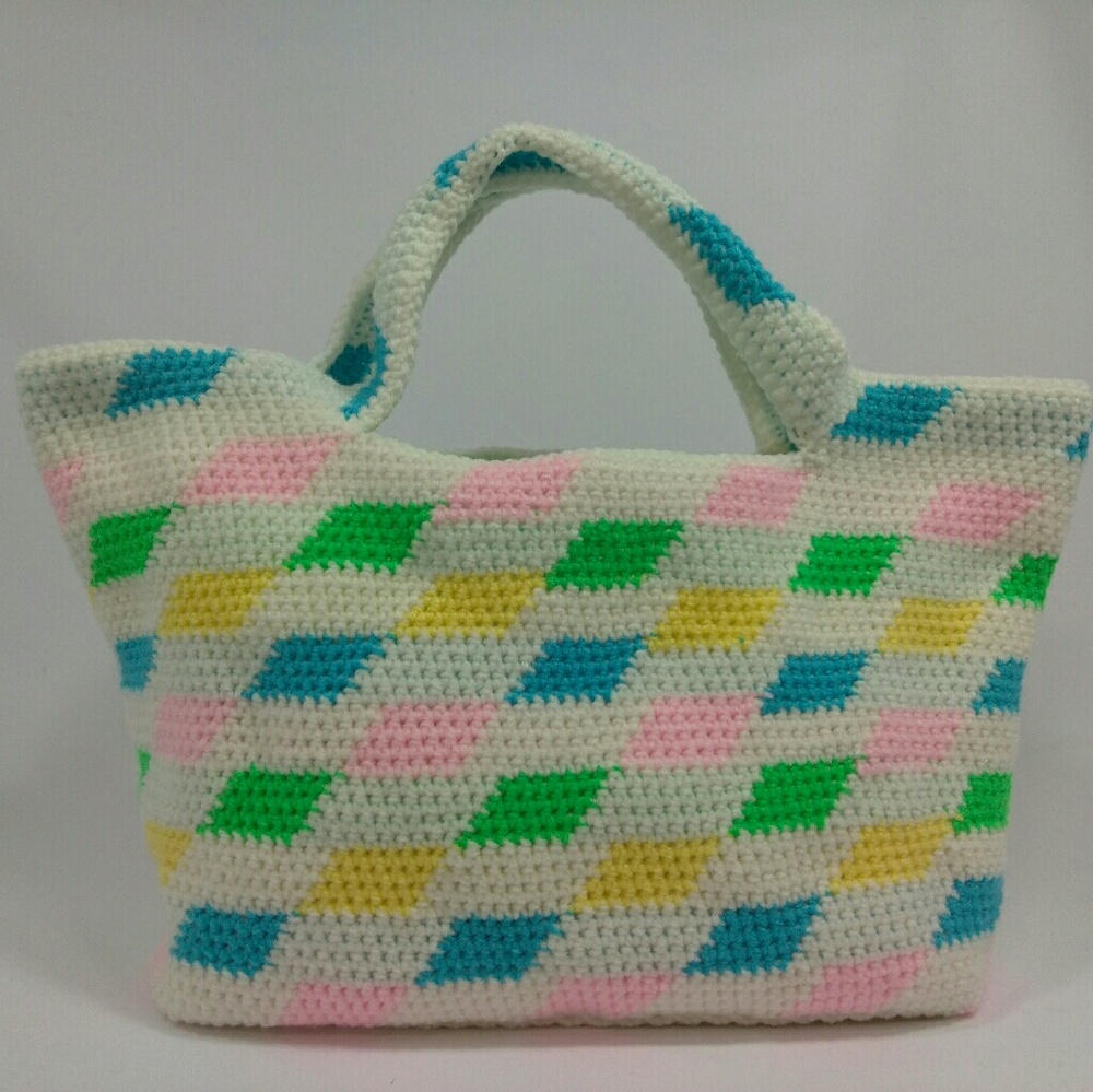 Multi color diamond sticth crochet handbag