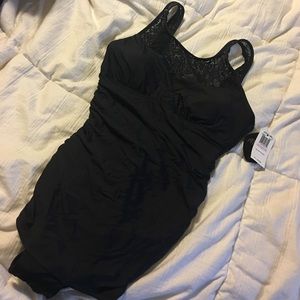 Black lace and ruched bathing suit