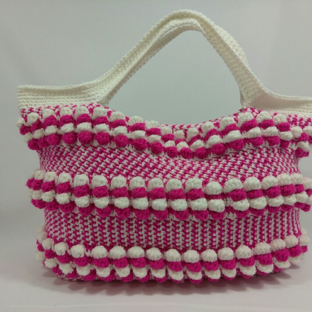 Pink/white bubble stitch crochet handbag