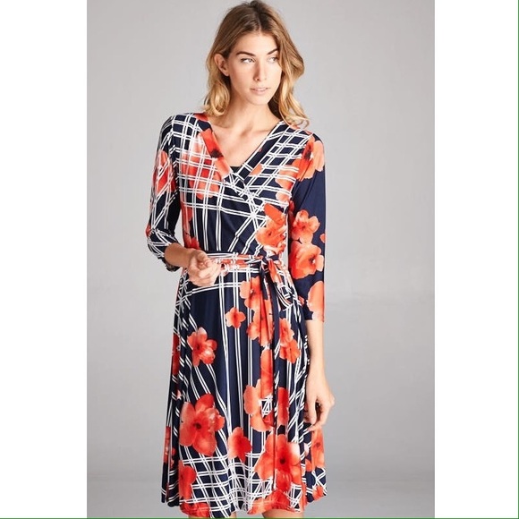 Dresses & Skirts - Faux Wrap Navy Floral Dress