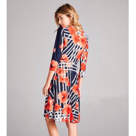 Faux Wrap Navy Floral Dress - Picture 2 of 4