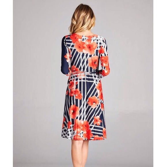 Faux Wrap Navy Floral Dress - Picture 3 of 4