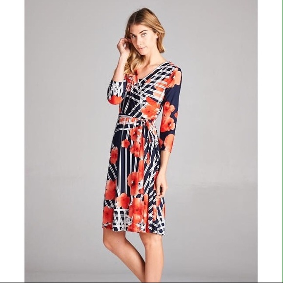Faux Wrap Navy Floral Dress - Picture 4 of 4
