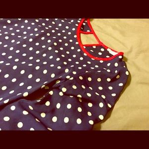 Navy polka dot white and red detail blouse