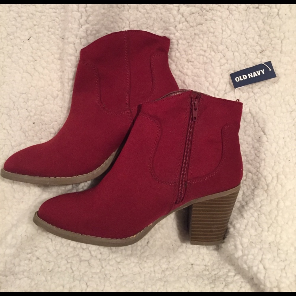 STACKED HEEL RED BOOTIES