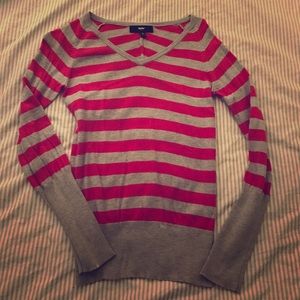 Pink and Gray stripe v-neck sweater