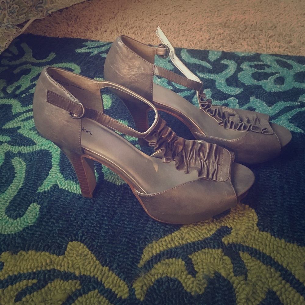 Grey ankle strap heels