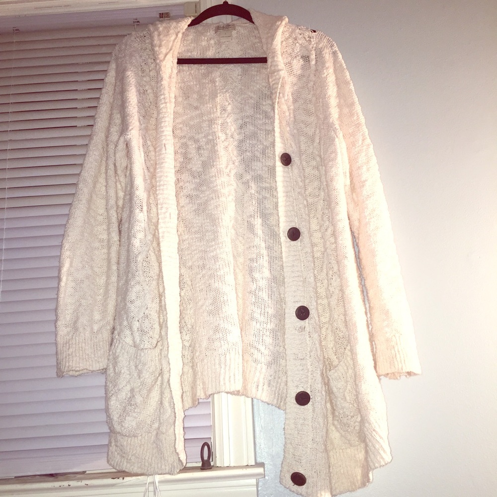 LuckyBrand Women's L Cream Hooded Cardigan Sweater