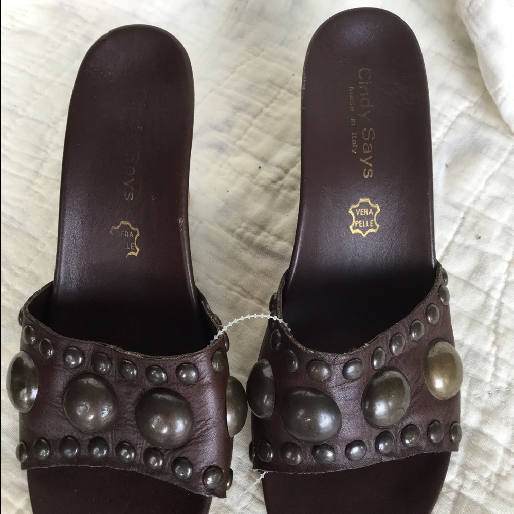 Cindy Says Designer Brown Leather Wedge Mules
