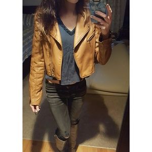 Tan Leather (faux leather) Jacket  w/ Inside Print
