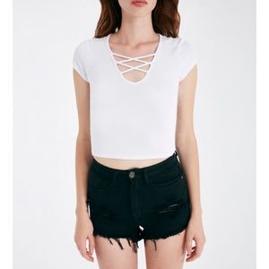 Crop Tee With Strappy Crisscross Neckline