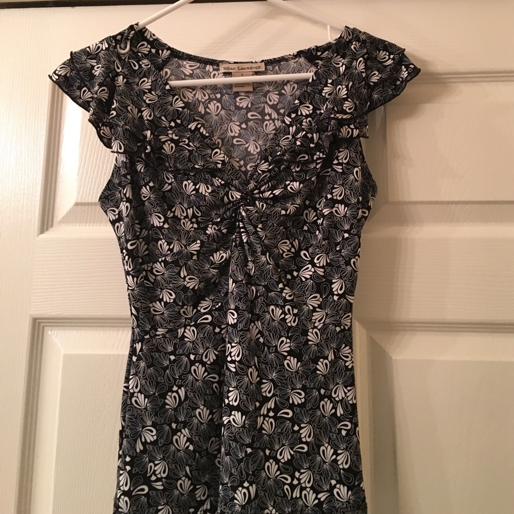 Blue, black, and white blouse