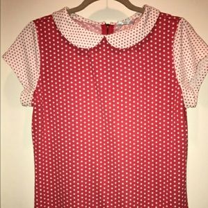 Redish Pink & white polka dot Peter Pan collar top