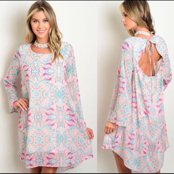 Beautiful Pink and Blue Printed Open Swing Dress - Picture 2 of 2