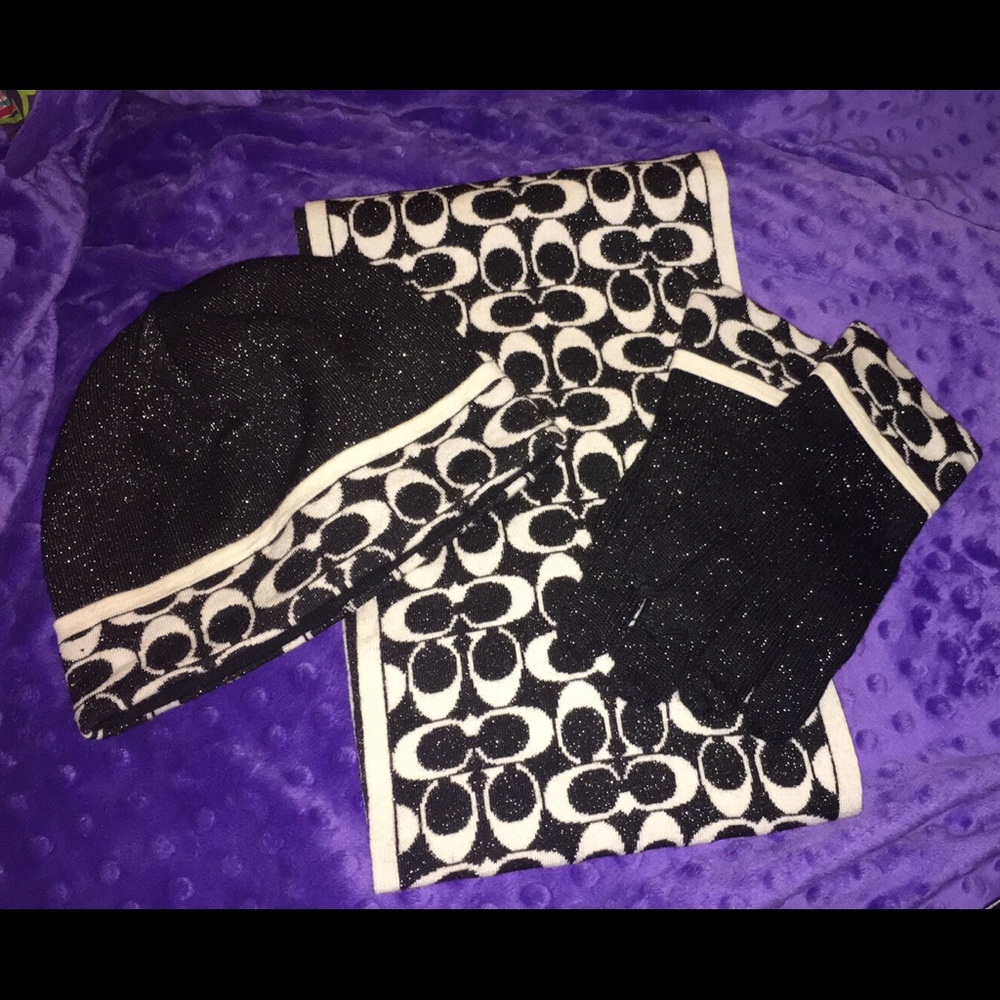 Coach beanie, gloves and scarf