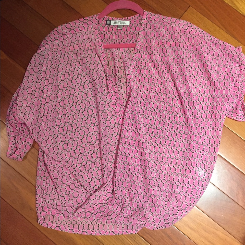 Pink and black geometric patterned blouse 