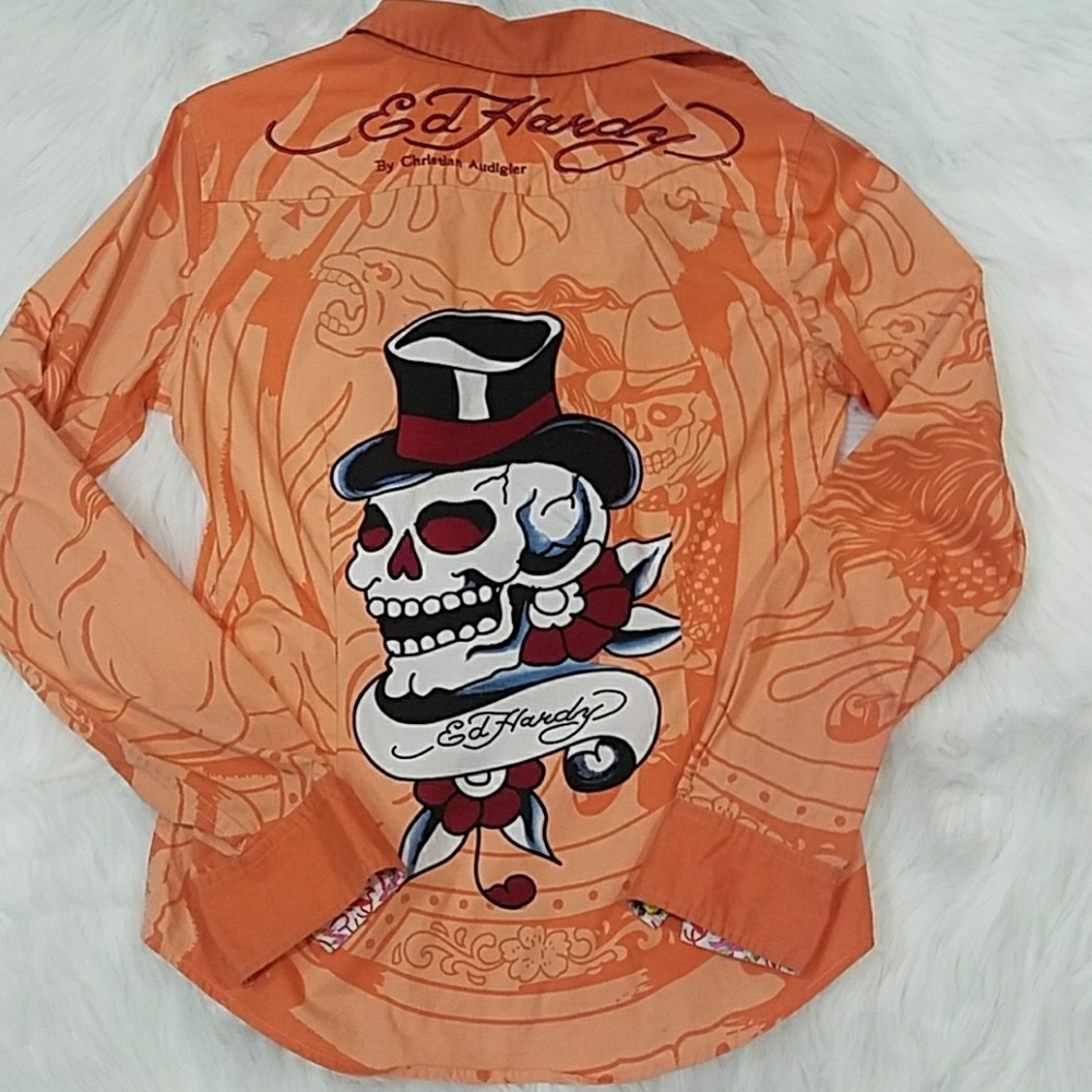 Ed Hardy Ladies Button Long Sleeve Orange Shirt