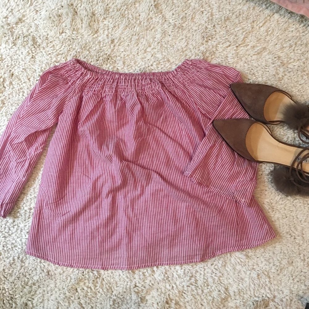 Off the shoulder red and white striped top