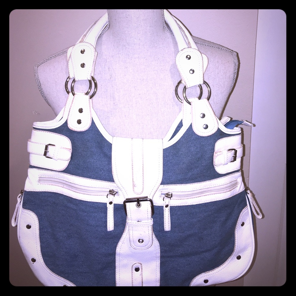 Forever 21 Blue Canvas White Faux Leather Bag