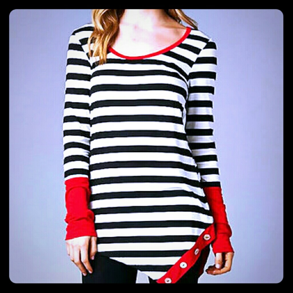 S-M Red & Black Stripe Asymmetrical Tunic Top