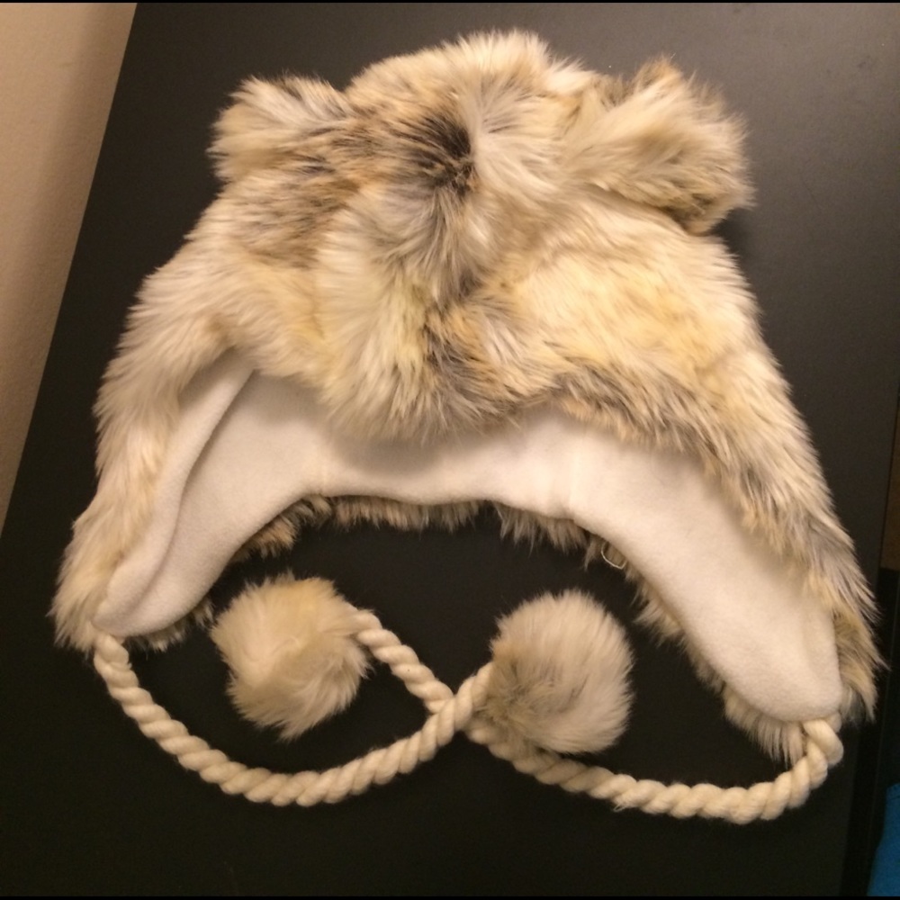 Faux fur bear ear hat with dangling poof balls