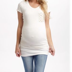 Pink Blush maternity top with polka dot pocket