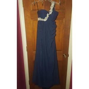 Navy Blue Prom Dress w/ Single Shoulder Strap