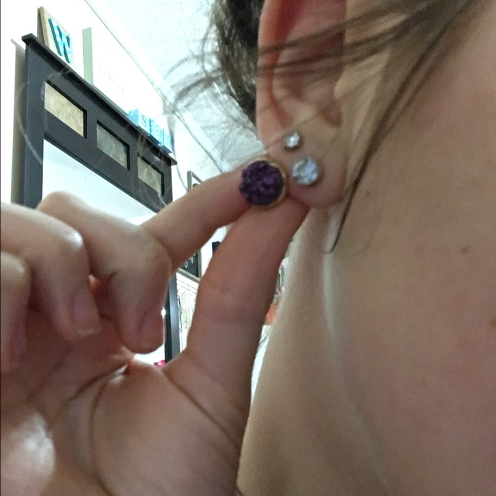 🚨1 LEFT🚨2pc blue&purple gold Druzzy earrings - Picture 2 of 2
