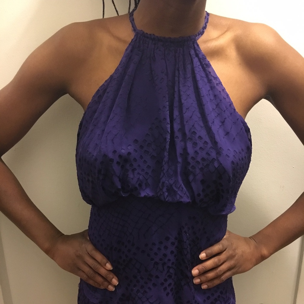 BCBG Persian Blue drape tiered halter top
