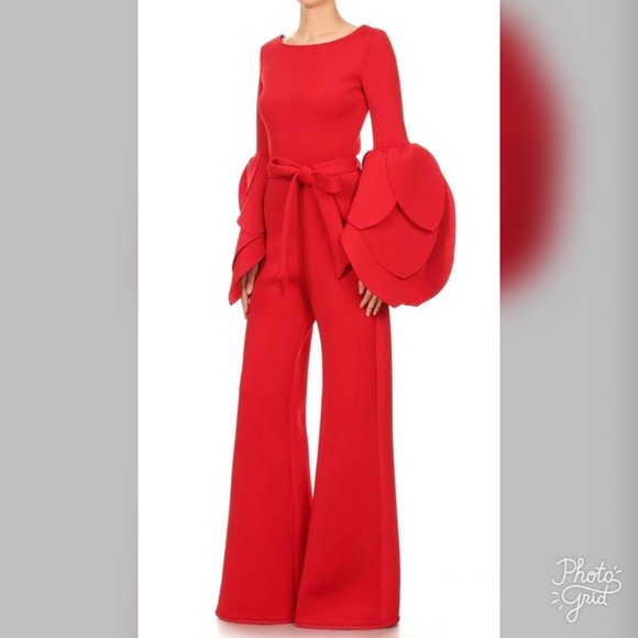 red jumpsuit with bell sleeves