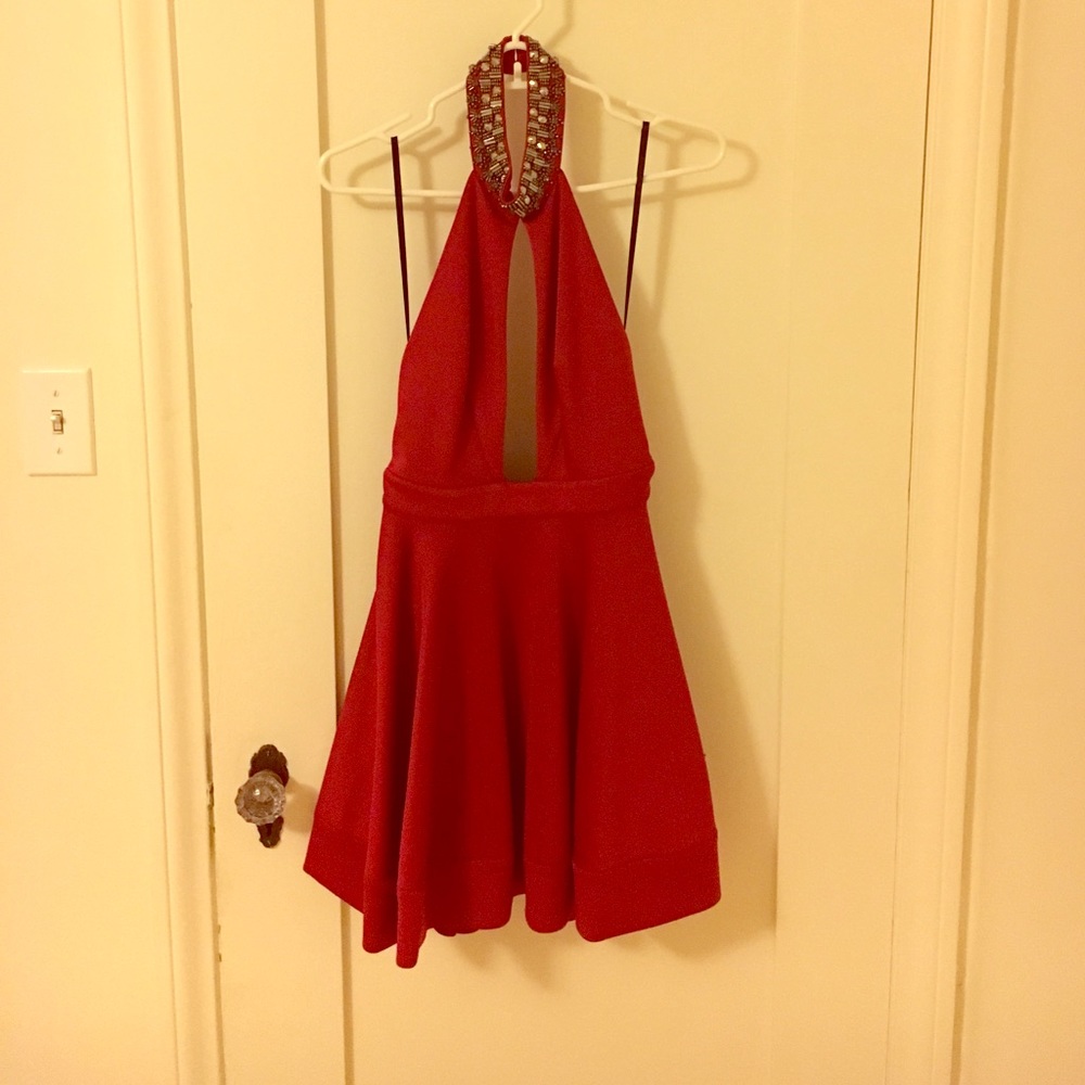 Bebe Red Halter Backless Cocktail Dress