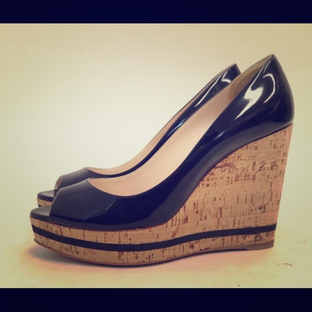 Prada patent leather navy blue wedge pumps