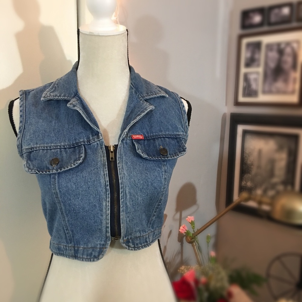 😍 Vintage Tickets Denim Cropped Zip Vest