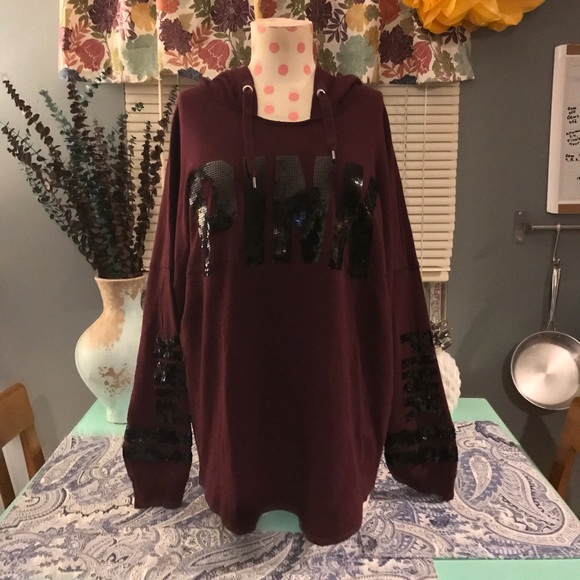 VS PINK SEQUIN BLING CAMPUS LONG SLEEVE HOODIE LG - Picture 2 of 4