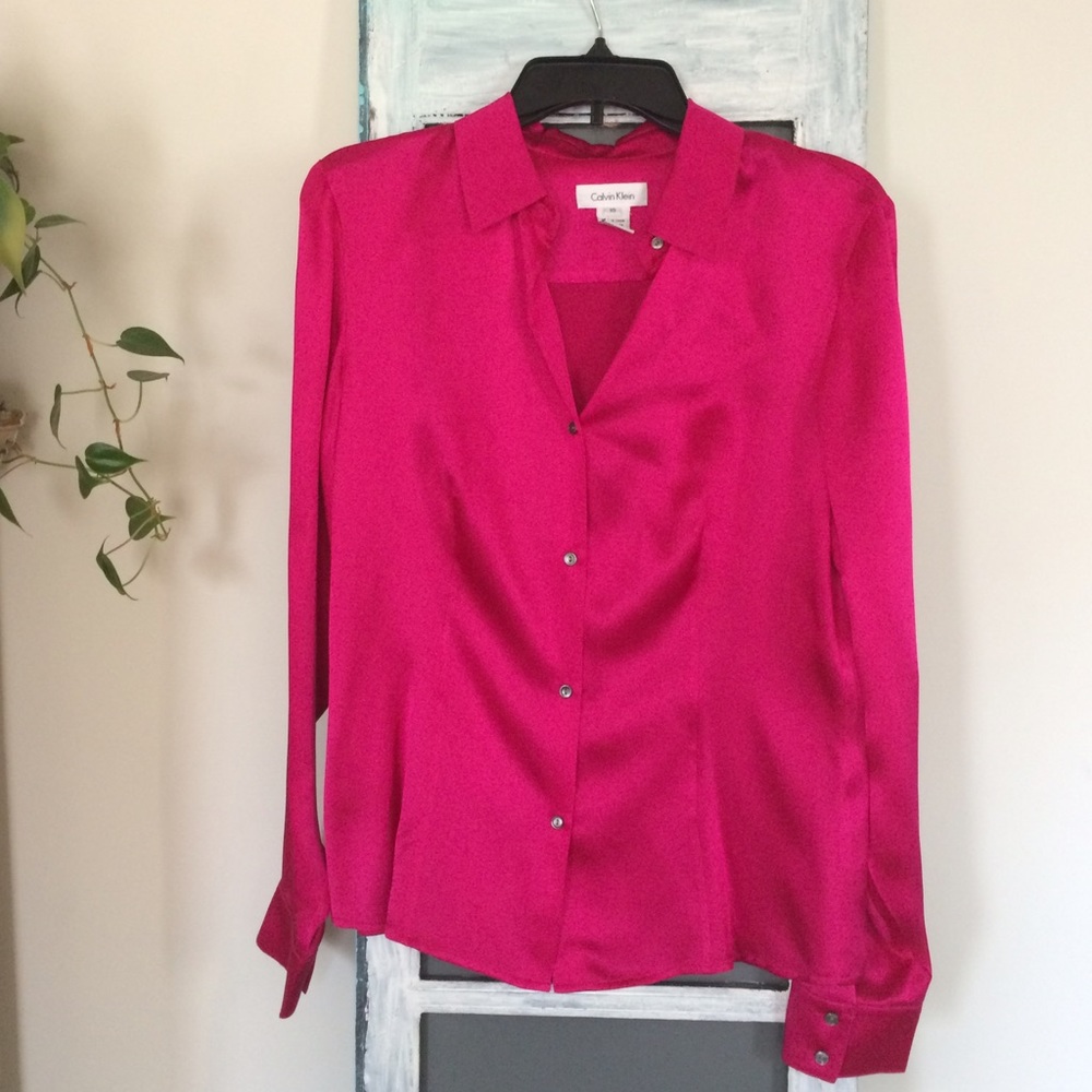 Calvin Klein hot pink silk button down size 10