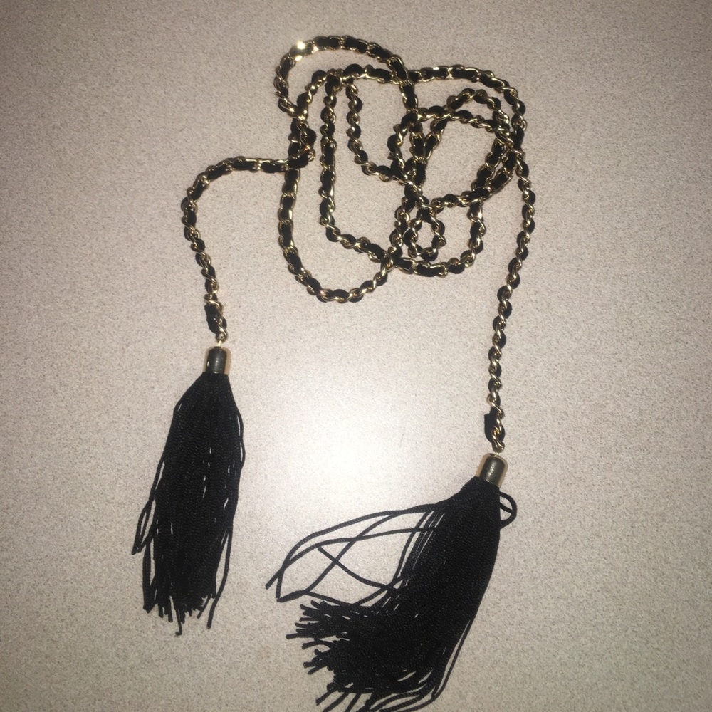 Gold chain black tassel wrap neclace