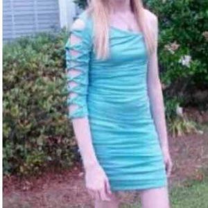 mint green sparkly one shoulder dress