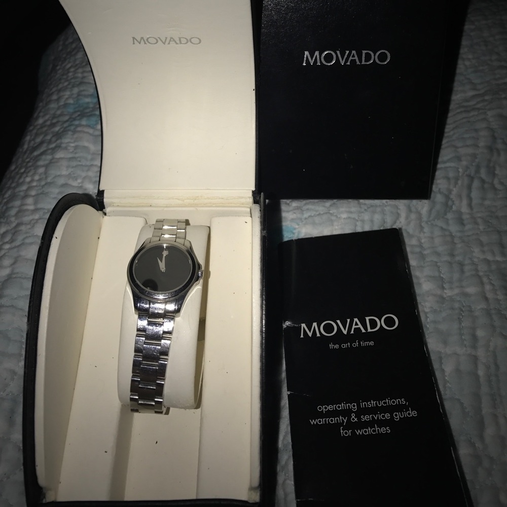 Movado two hand watch black face silver tone