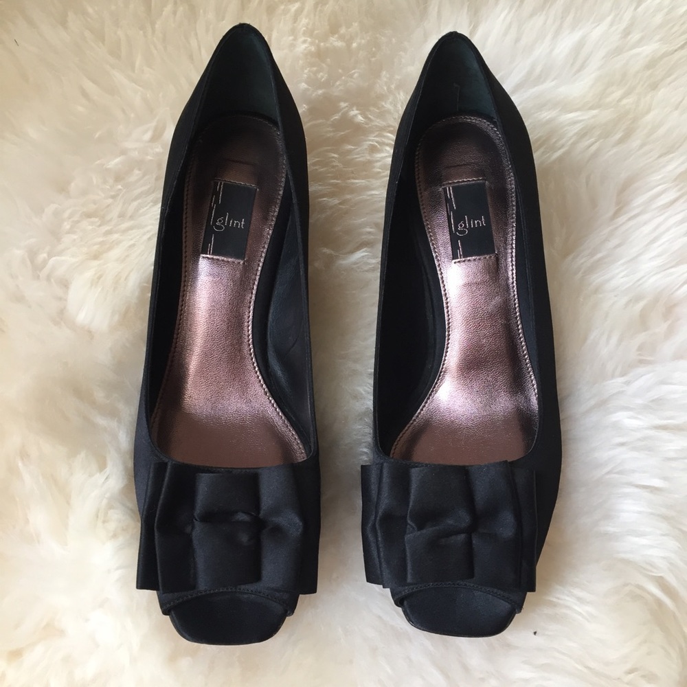 Glint Black Satin Open Toe Heels with Bow