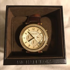Michael Kors Gold & Brown Leather Watch w Crystals