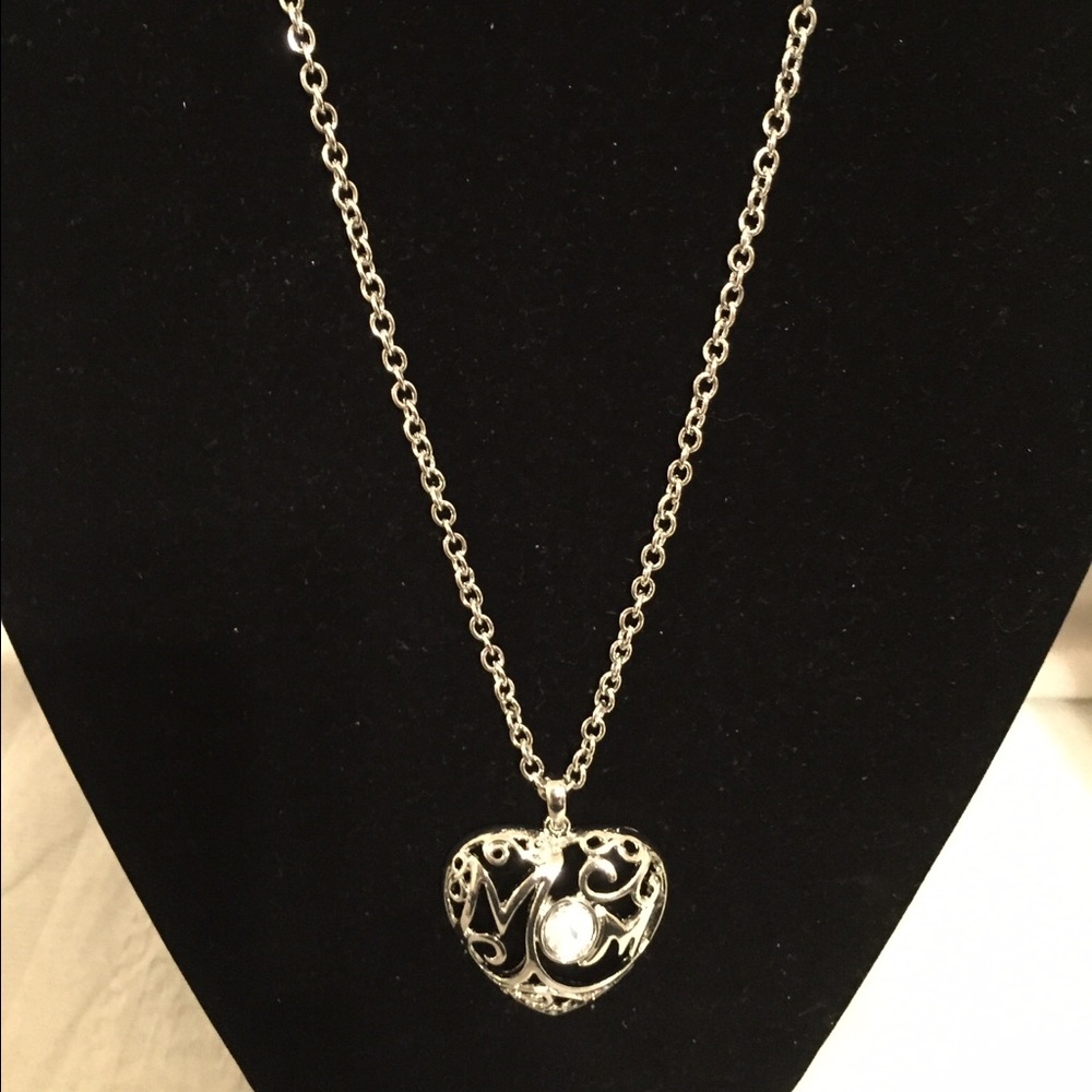 TLFJ Silver Diamond MOM Heart Necklace