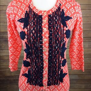 Anthropologie TABITHA Embroidered Coral Cardigan