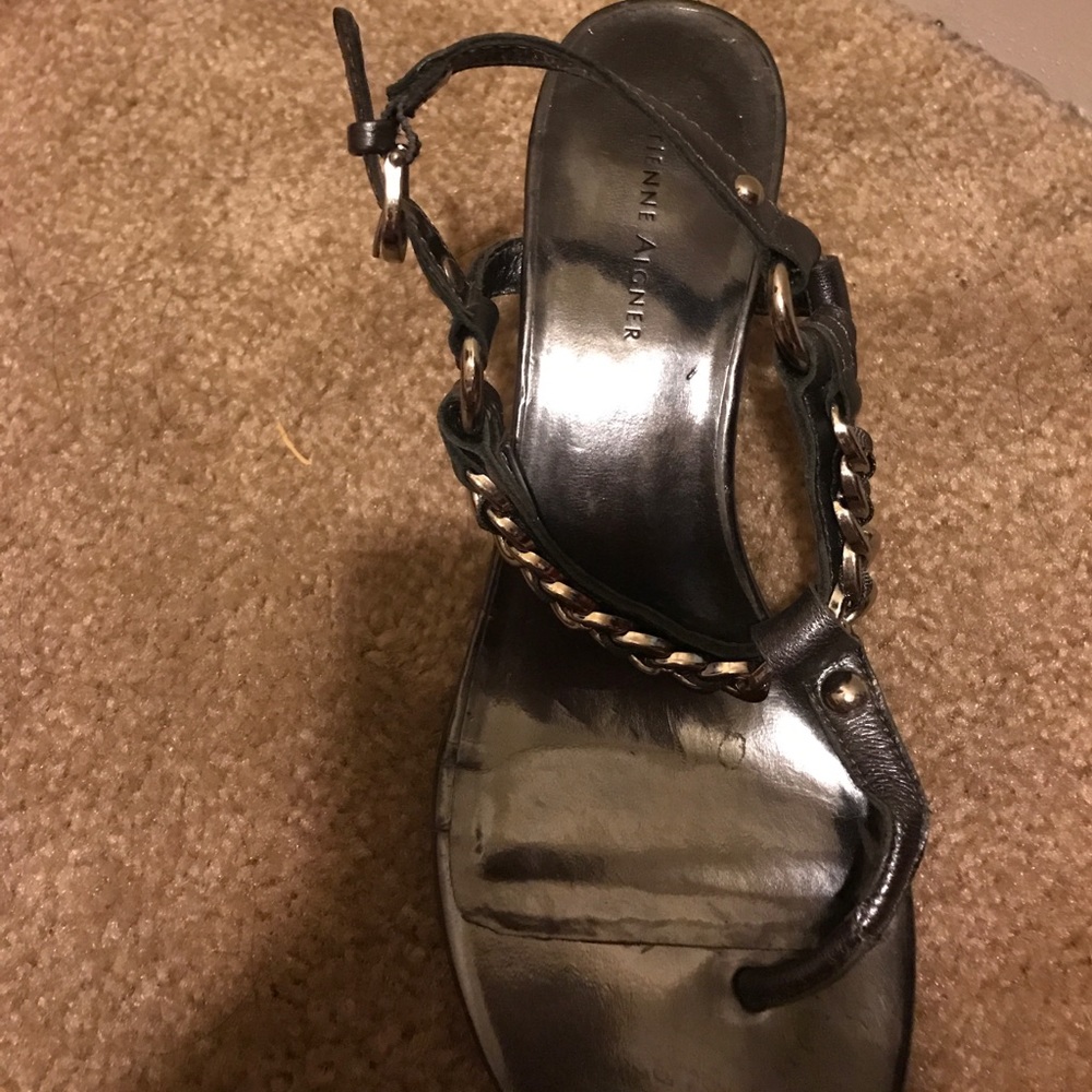 Grey Etienne Aigner wedge toe sandals