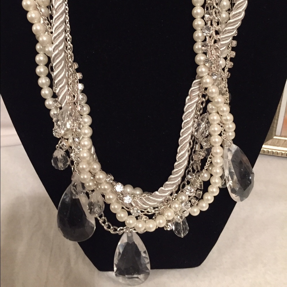 TLFJ Silver, White Pearl and Rope Necklace