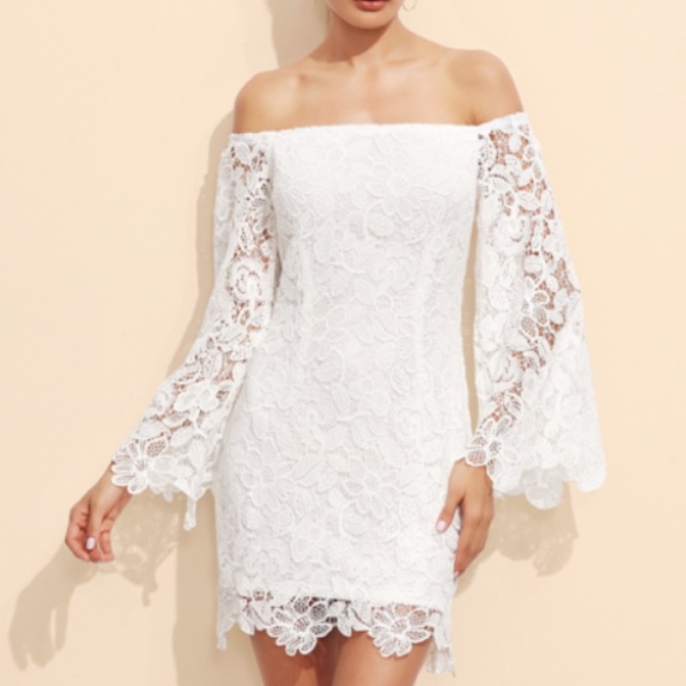Embroidered Off Shoulder Dress with Bell Sleeves