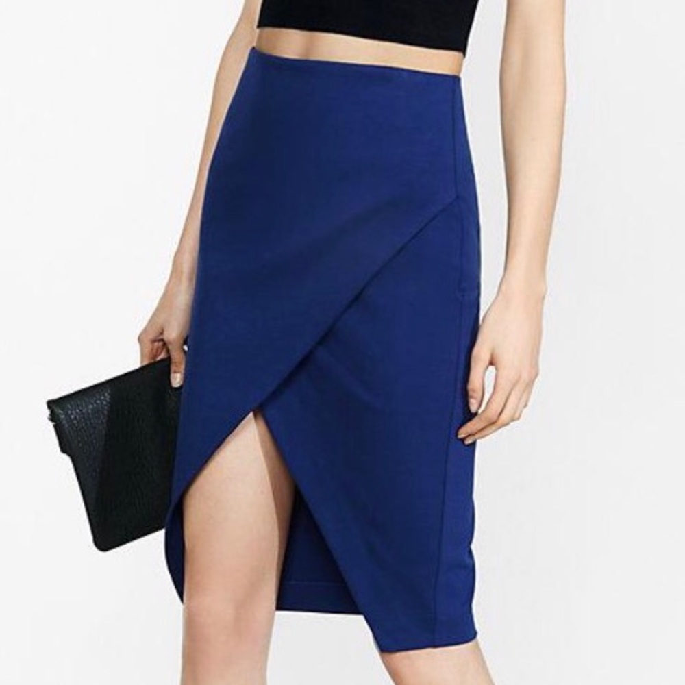 Express blue asymmetrical pencil skirt