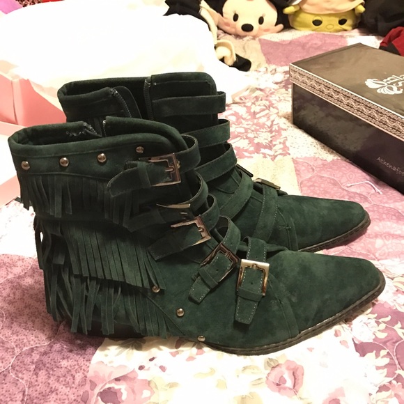 Shoes - NEW goth dark teal faux suede fringe buckle boots