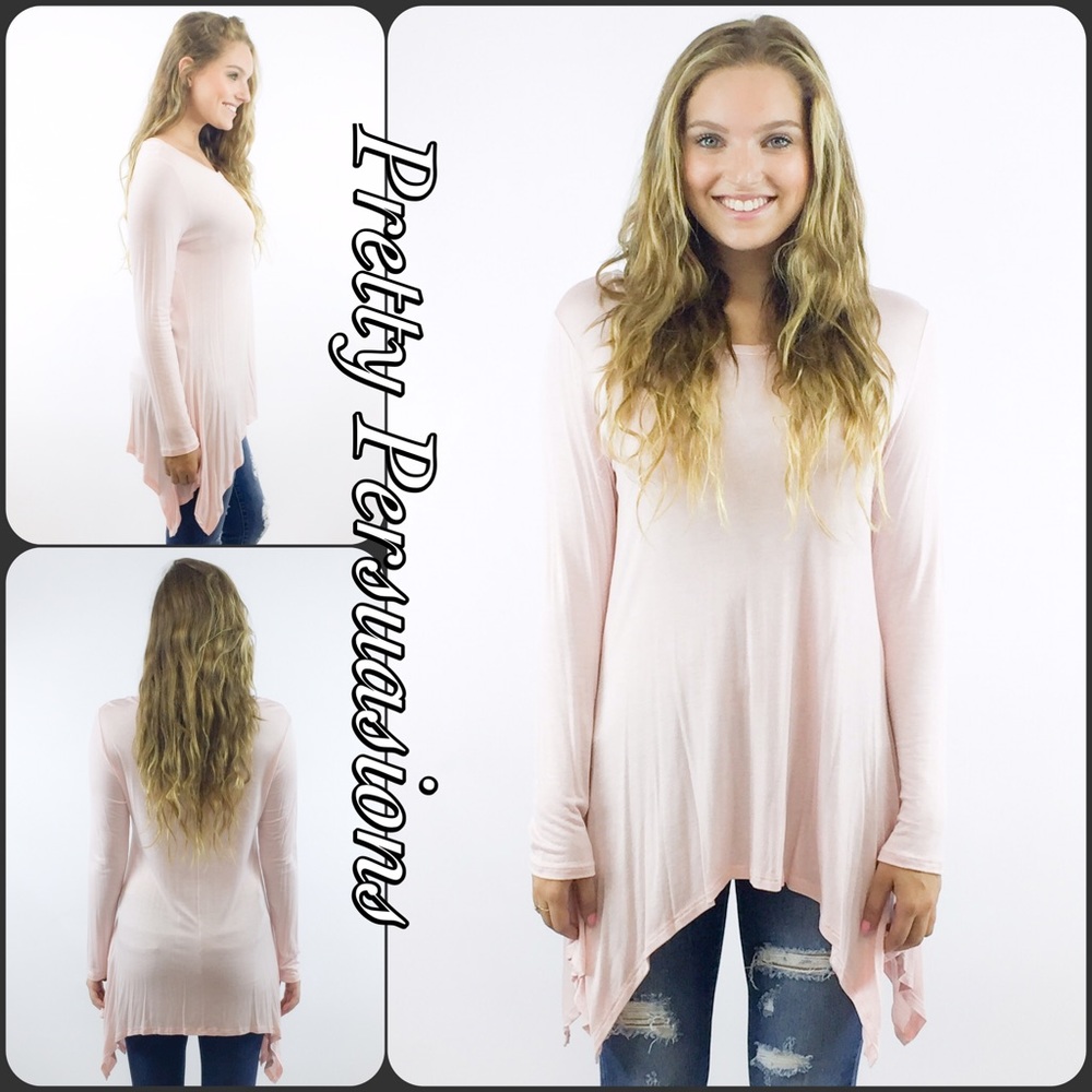 Light Pink Shark Bite Hem Long Sleeve Tunic Top - Picture 2 of 3