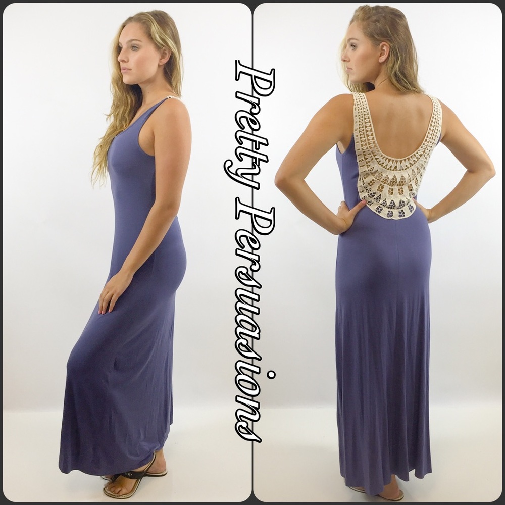 NWT Scooped Crochet Back Indigo Jersey Maxi Dress - Picture 3 of 4